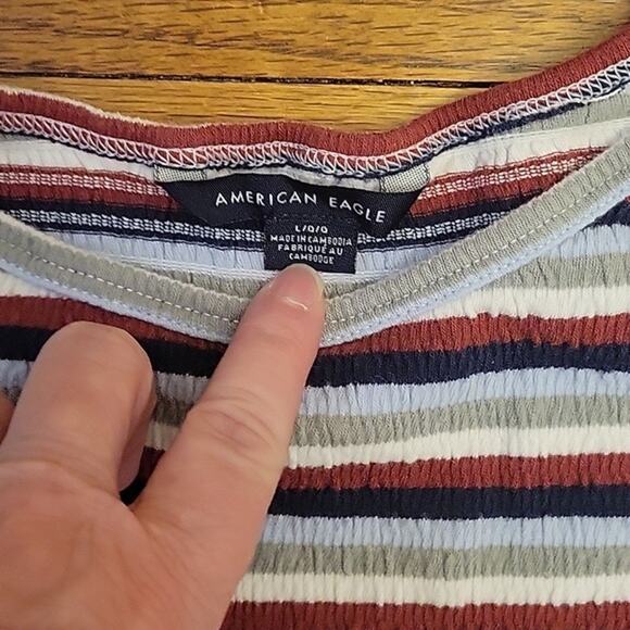 American Eagle Striped Crop Top Lettice Hem Summer Utility Y2K 90s Retro Size L - Picture 3 of 5
